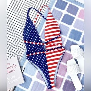 American Flag Print Plunging One Piece Swimsuit